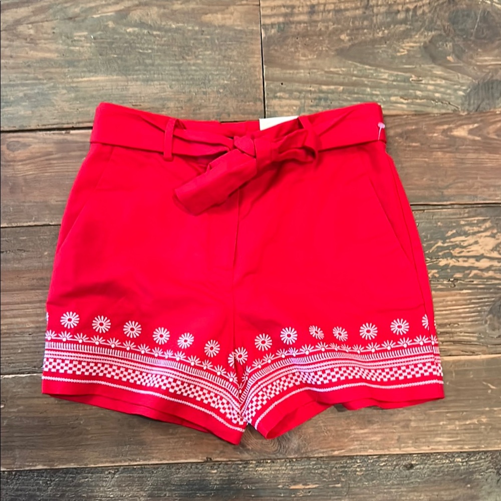 NWT Ann Taylor Red Cotton and Linen Shorts with embroidery and tie size 0
